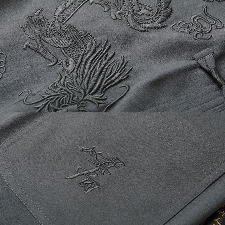 Buddha Stones Tang Suit Hanfu Drago Cinese Tradizionale Kung Fu Uniforme Manica Corta Top e Pantaloni Abbigliamento Uomo Set