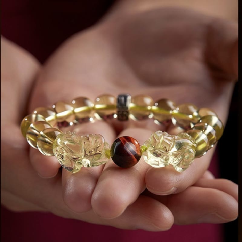 Braccialetto di protezione della prosperità con occhio di tigre PiXiu e citrino naturale Buddha Stones