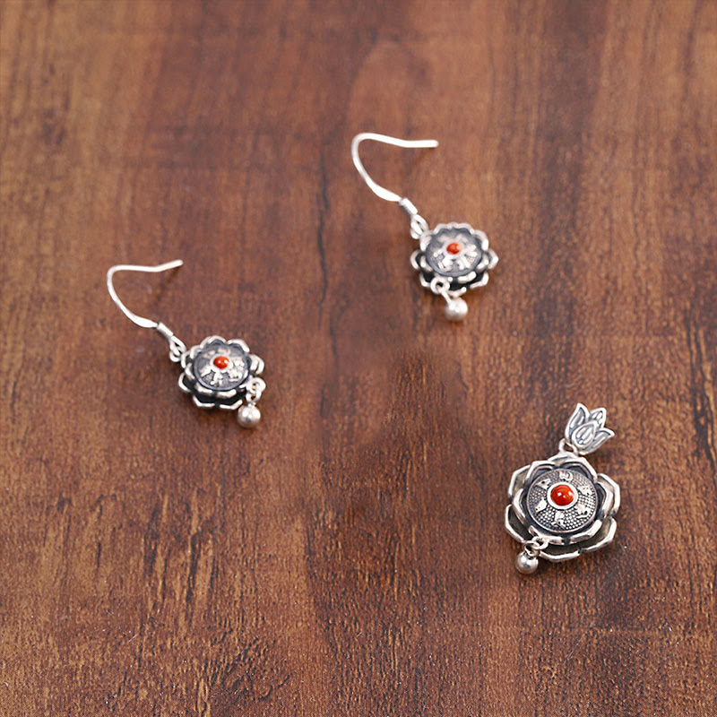 Buddha Stones 925 Sterling Silver Om Mani Padme Hum Lotus Peace Collana Ciondolo Orecchini