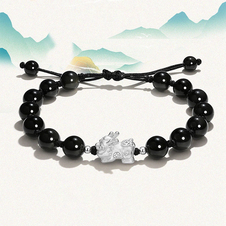 Braccialetto Buddha Stones Natural Black Ossidiana Occhio di Gatto Cristallo Rosa PiXiu Strength