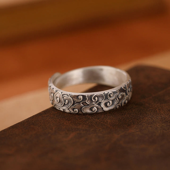 Anello di illuminazione inciso con Buddha Stones in argento sterling 999, fiore di loto, fiore di prugna, nuvole di buon auspicio