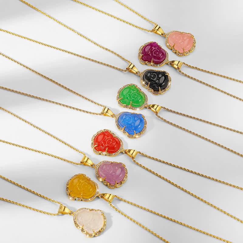 Collana con ciondolo a forma di Buddha in giada con Buddha che ride, riempita in oro 18 carati, Buddha Stones - image 1