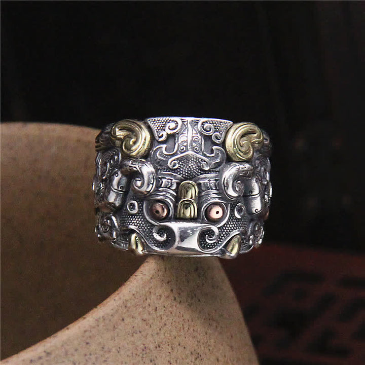 Anello regolabile con protezione del bestiame Fengshui Kui in argento sterling 925 Buddha Stones