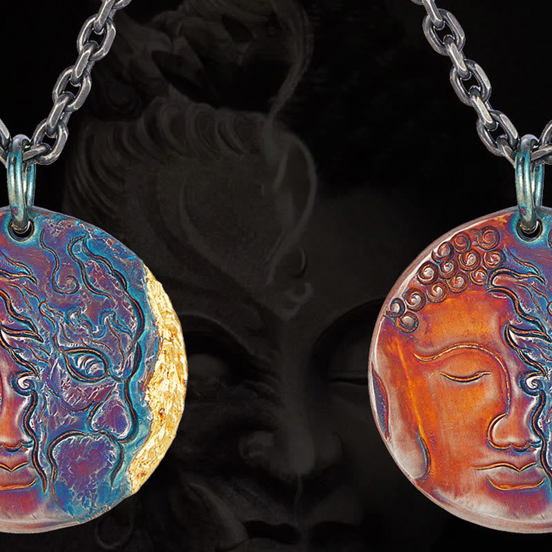 Collana con ciondolo a forma Buddha Stones in argento sterling 999 e oro 24K, metà demone e metà Buddha, con compassione - image 1