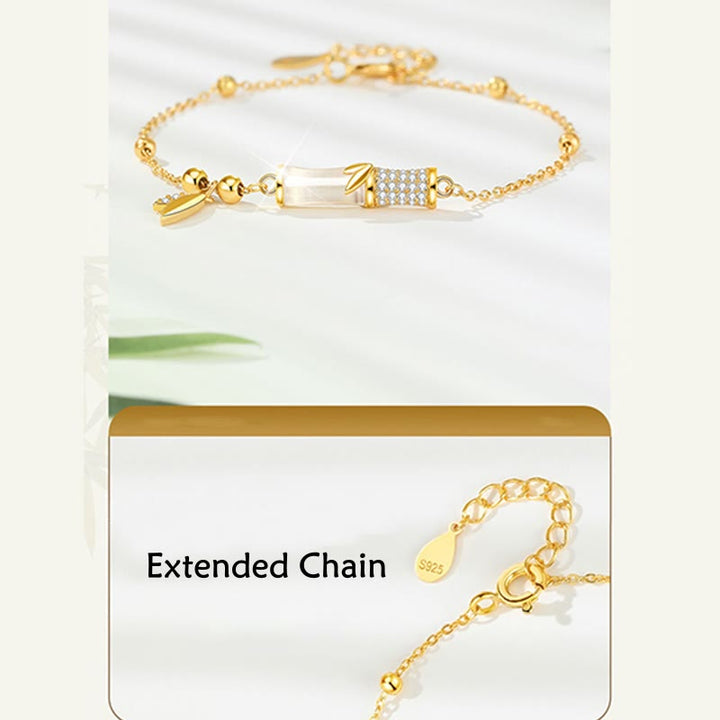 Bracciale Buddha Stones in argento sterling 925 placcato oro 18K con foglia di giada bianca e zircone di bambù - image 8