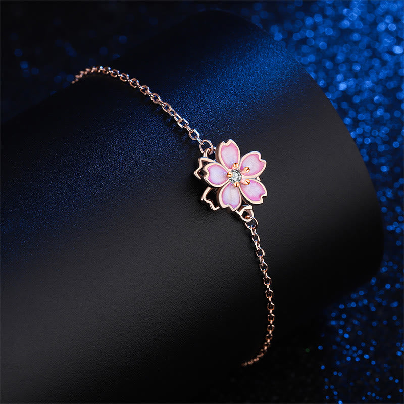 Bracciale a catena con benedizione in fiore di ciliegio in argento sterling 925 Buddha Stones, anello girevole