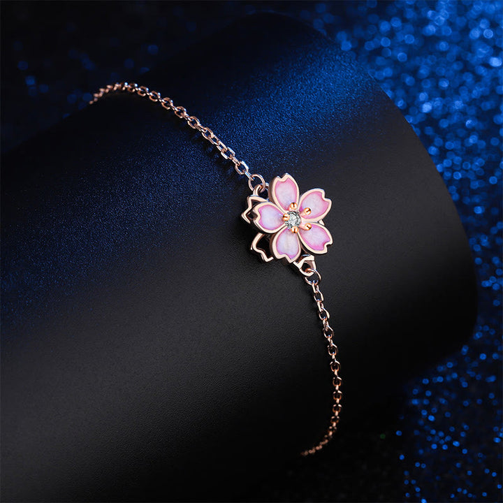 Bracciale a catena con benedizione in fiore di ciliegio in argento sterling 925 Buddha Stones, anello girevole
