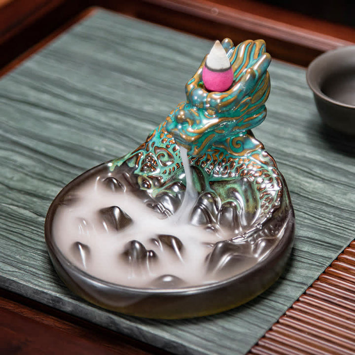 Bruciatore di incenso con fontana di fumo a riflusso in ceramica con motivo a drago, decorazione