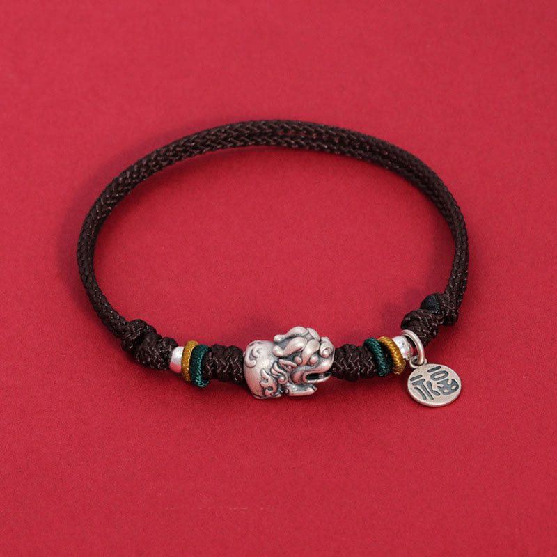 Bracciale intrecciato fatto a mano in argento sterling 925 con carattere PiXiu Fu , Buddha Stones - Corda marrone (circonferenza polso 14-17 cm) - image 7