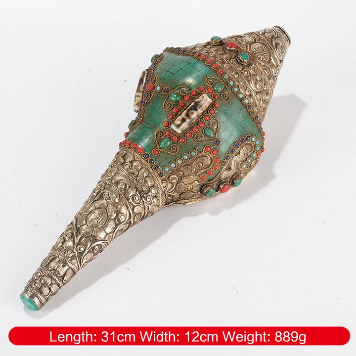 Decorazione positiva della ricchezza della conchiglia del Buddha Shankha Double Dorje incisa a mano tibetana - Dorje doppio 31*12cm - image 2