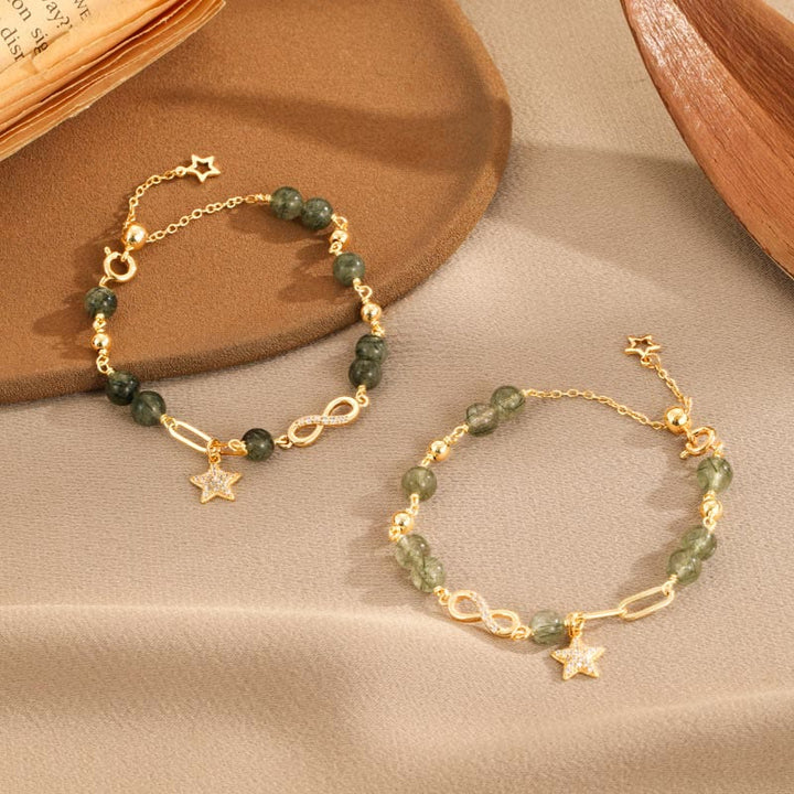 Bracciale Buddha Stones in oro 14K con quarzo rutilato verde e anello Möbius, protezione della stella dell'amore eterno