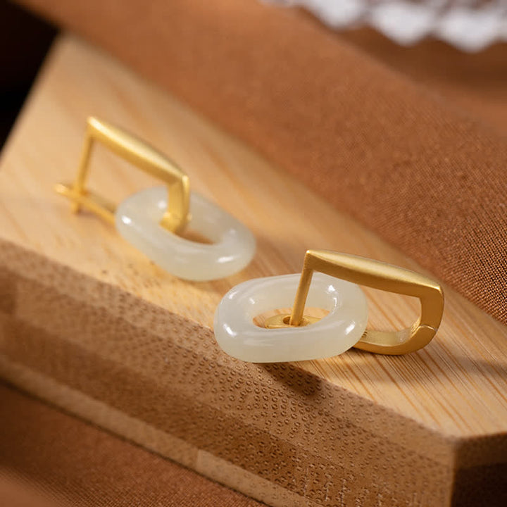 Orecchini Buddha Stones in argento sterling 925 con giada bianca rotonda e benedizione della felicità - image 2