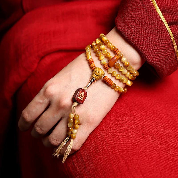 Buddha Stones 108 Mala Beads Natural Tiger Eye Rame Dorje Protezione Nappa Bracciale