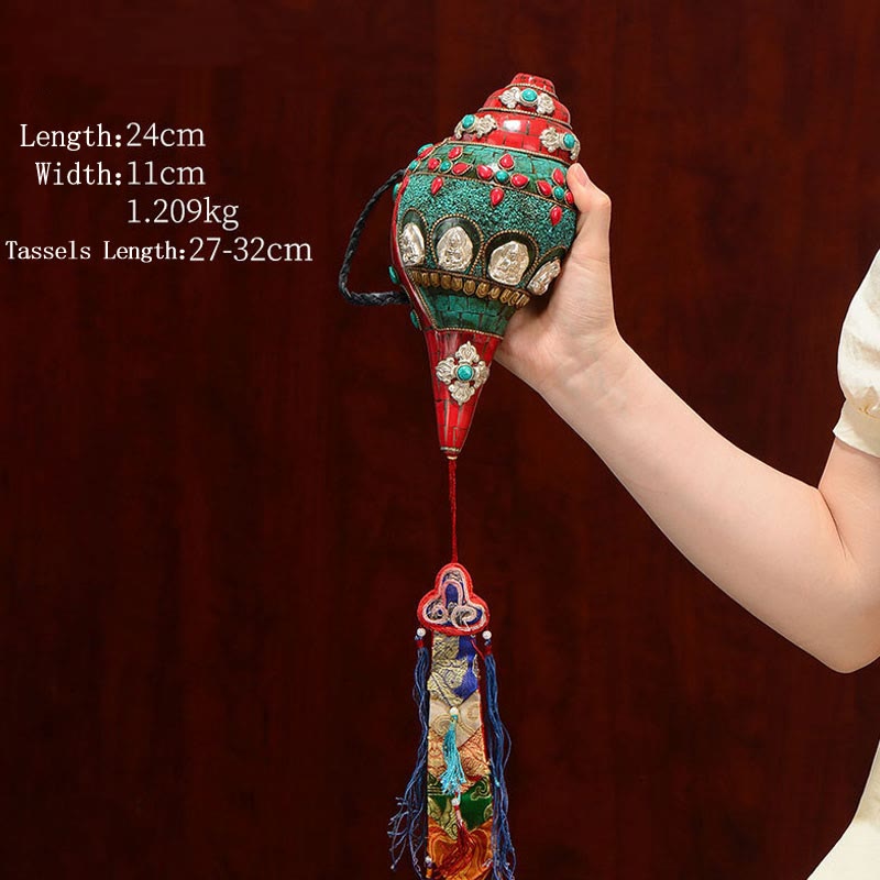 Shankha tibetano fatto a mano Om Mani Padme Hum Buddha Avalokitesvara Turchese Conchiglia Decorazione positiva - Turchese rosso 24*11cm - image 1
