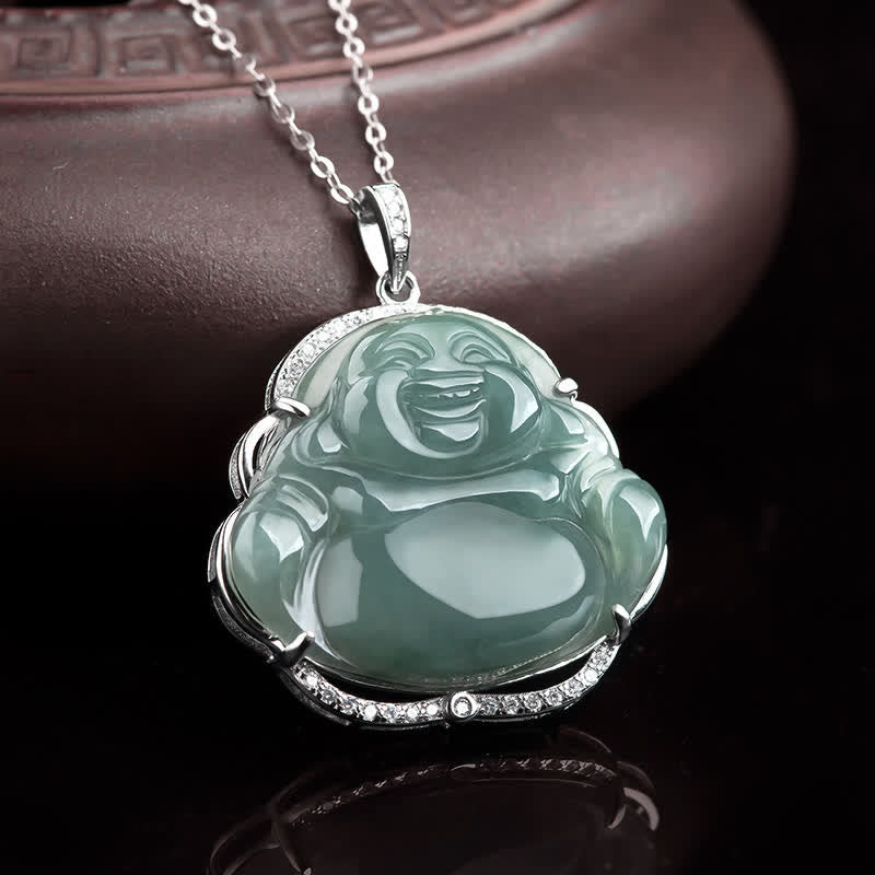Collana con Buddha Stones in argento sterling 925 con ciondolo a forma di Buddha che ride in giada naturale - image 2