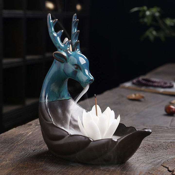 Buddha Stones Piccolo Cervo Ceramica Loto Meditazione Bruciatore Incenso Decorazione