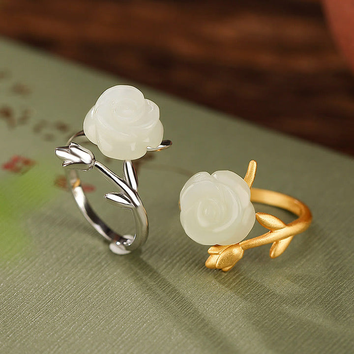 Anello della felicità in giada bianca Hetian con fiore rosa in argento sterling 925 placcato oro Buddha Stones