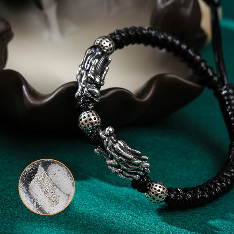 Bracciale intrecciato fatto a mano con doppio drago in argento sterling 999 Buddha Stones