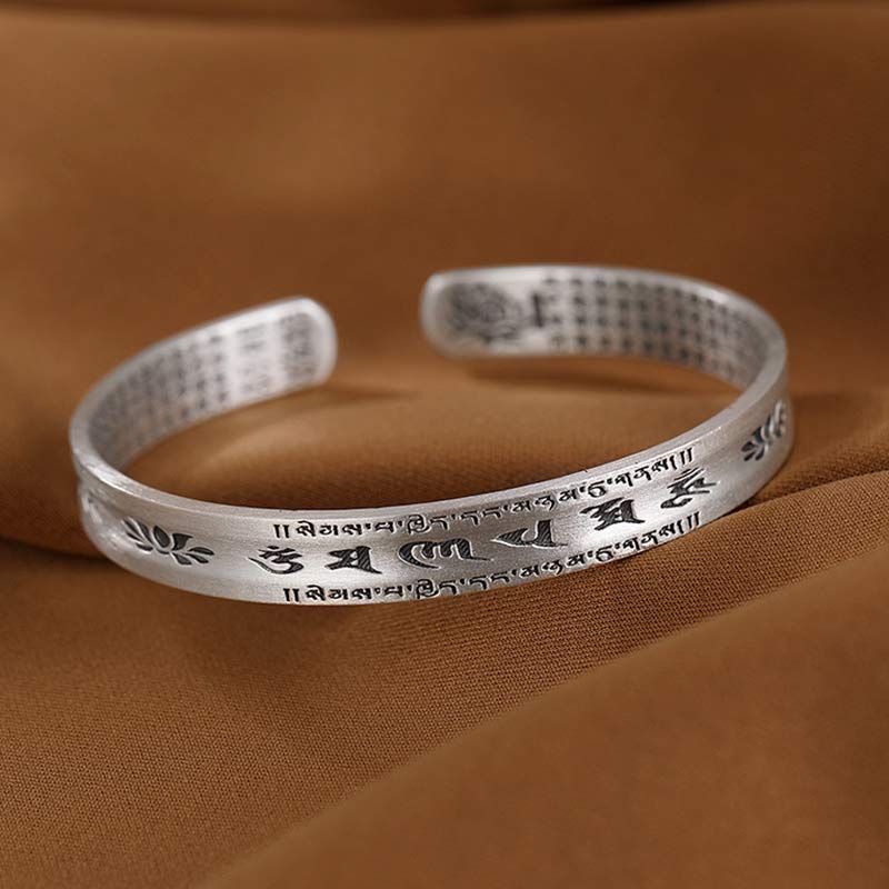 Buddha Stones 999 Sterling Silver Om Mani Padme Hum Lotus Wisdom Bracciale Bangle