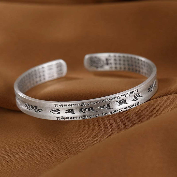 Buddha Stones 999 Sterling Silver Om Mani Padme Hum Lotus Wisdom Bracciale Bangle
