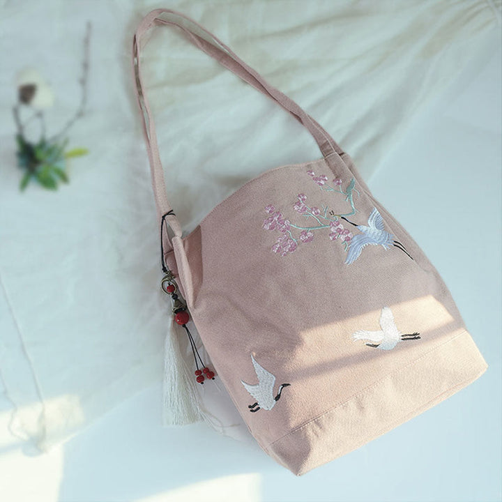 Buddha Stones Flower Crane Plum Blossom Ricamo Tela Grande Capacità Borsa a Tracolla Tote Bag