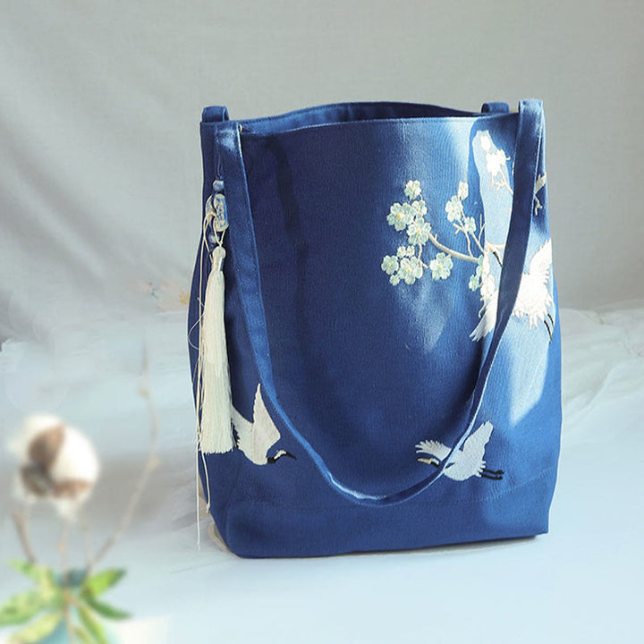 Buddha Stones Flower Crane Plum Blossom Ricamo Tela Grande Capacità Borsa a Tracolla Tote Bag