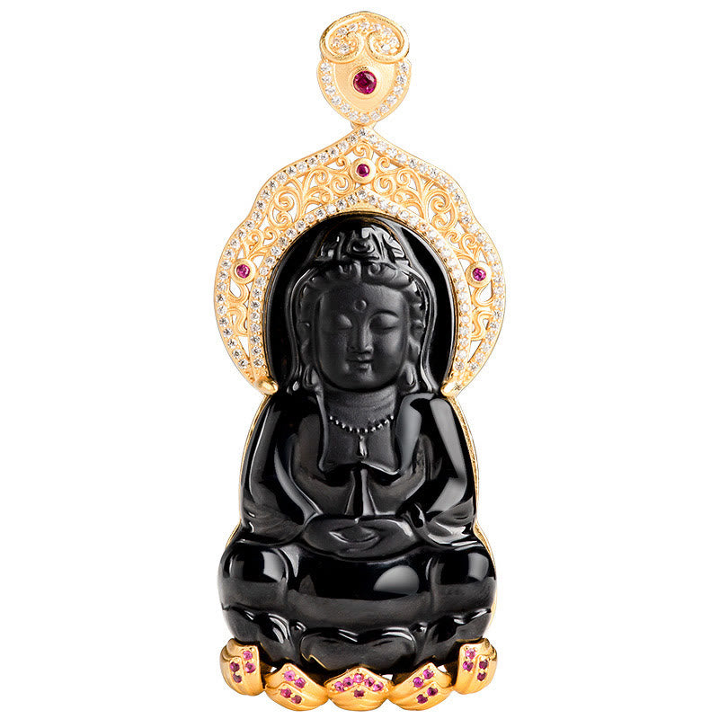 Buddha Stones 925 Sterling Silver Natural Black Jade Kwan Yin Avalokitesvara Collana con ciondolo Wealth - image 4