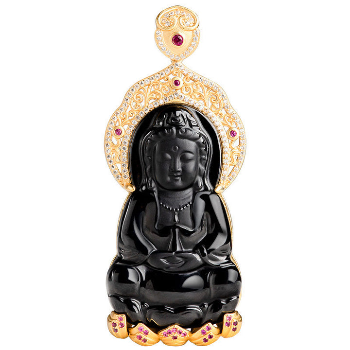 Buddha Stones 925 Sterling Silver Natural Black Jade Kwan Yin Avalokitesvara Collana con ciondolo Wealth - image 4
