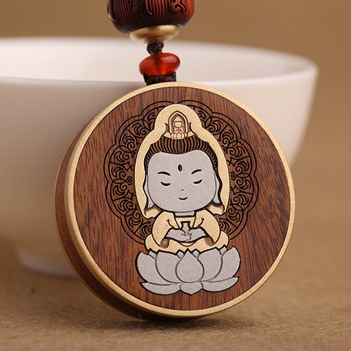 Buddha Stones Legno di ebano Palissandro Buddha Avalokitesvara Om Mani Padme Hum Equilibrio Decorazione della catena chiave dell'auto