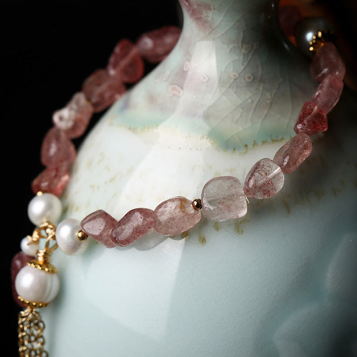 Braccialetto di guarigione dell'amore placcato in oro 14k con perle di quarzo fragola naturale