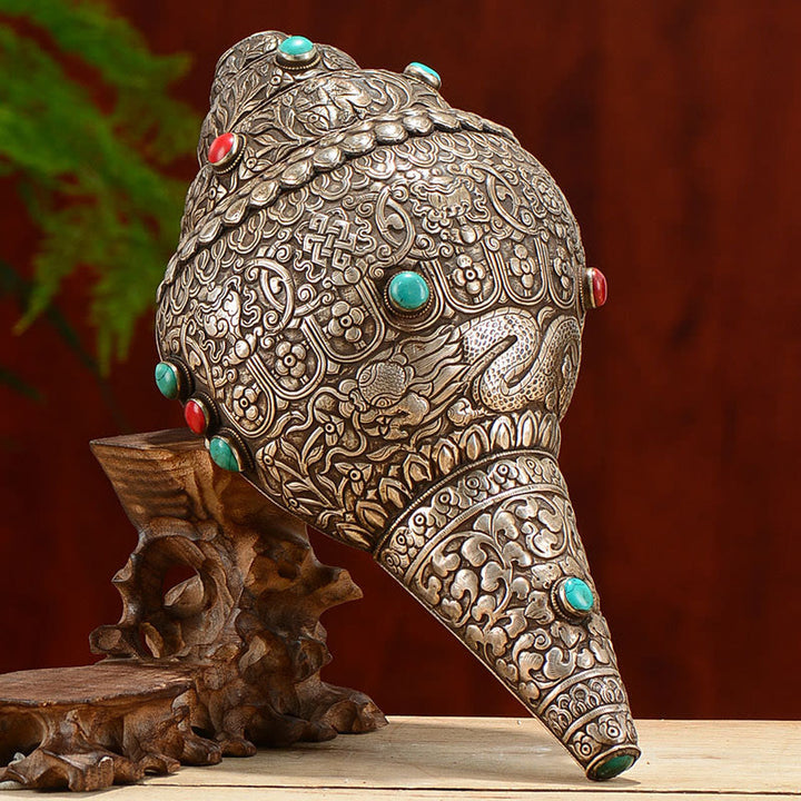 Tibetano fatto a mano naturale Shankha inciso otto simboli di buon auspicio conchiglia fortunata decorazione per la casa - 27,5*15 cm - image 0