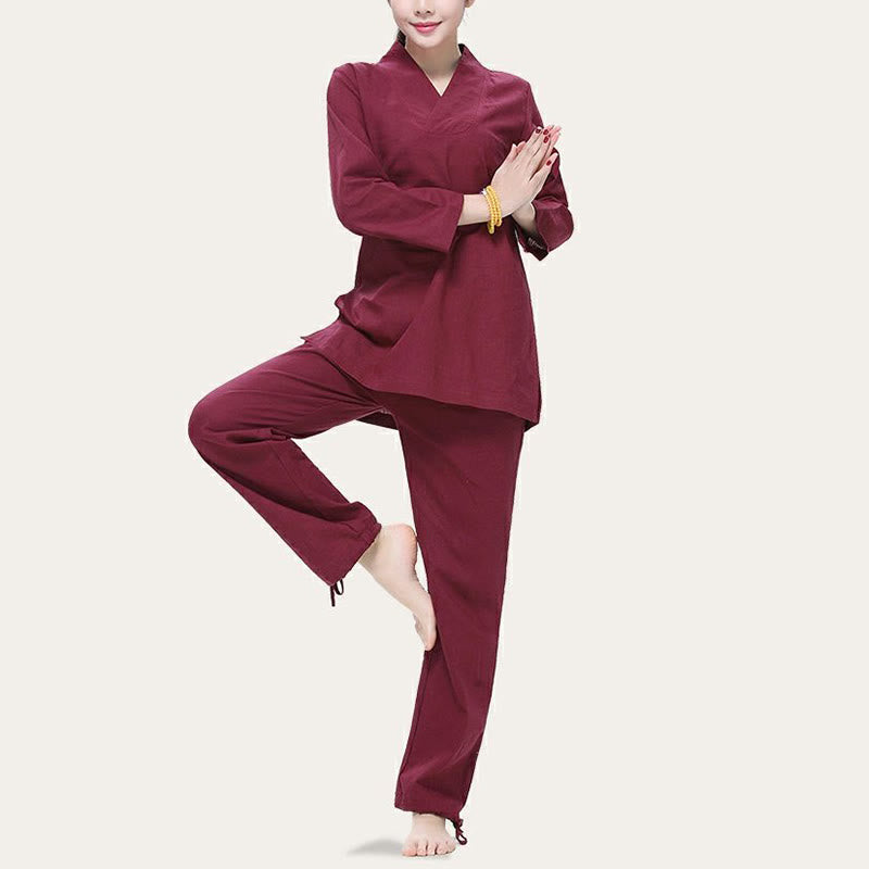 Buddha Stones Zen Pratica Yoga Meditazione Preghiera Scollo a V Design Uniforme Cotone Lino Abbigliamento Donna Set - image 1