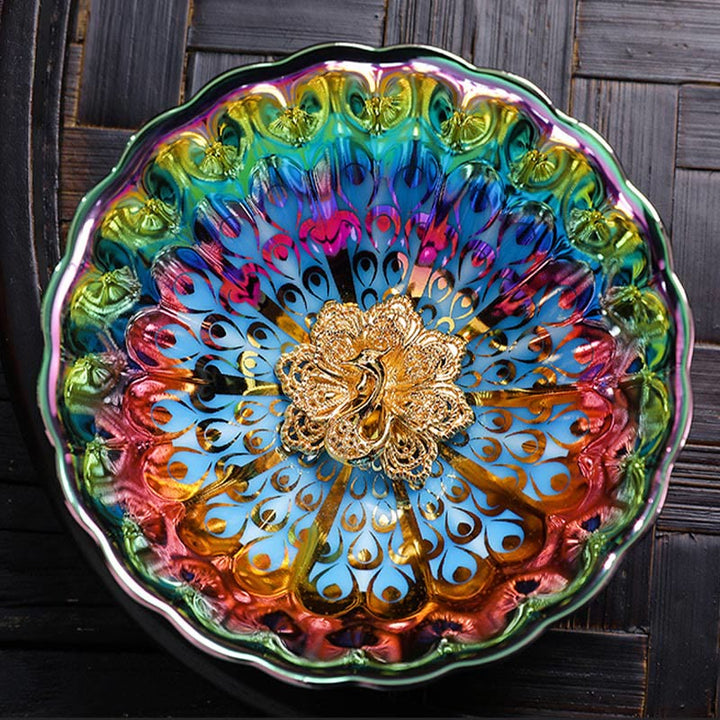 Buddha Stones Pavone vivido Loto intarsiato Design colorato Tazza da tè in ceramica cinese Jianzhan Tazza da tè Kung Fu