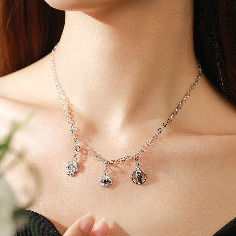 Collana con ciondolo a forma di catena con simbolo Hamsa e occhio maligno in argento sterling 925, prosperità e fortuna - image 3