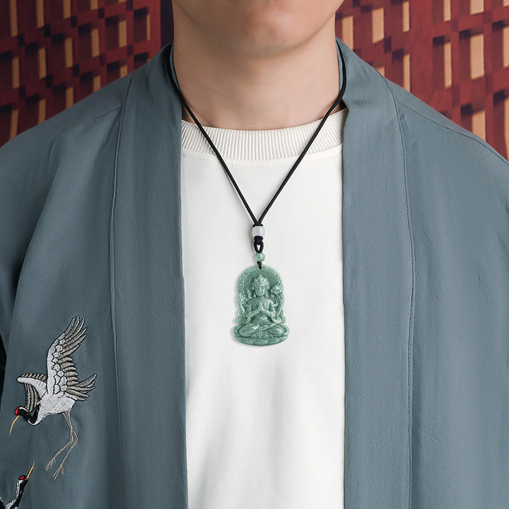 Collana con corda di benedizione dell'amuleto in giada naturale Avalokitesvara a quattro braccia - image 3