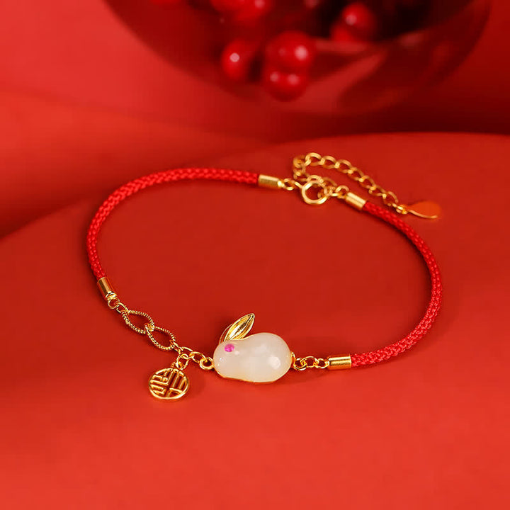 Braccialetto in argento sterling 925 con cordino rosso e giada bianca Hetian dell'anno del coniglio