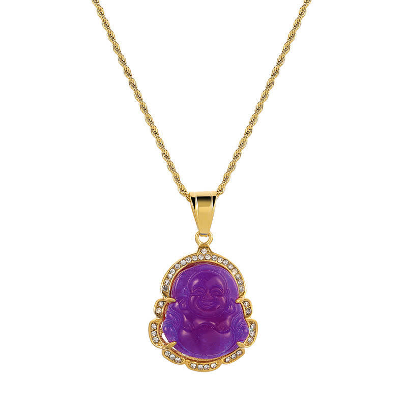 Collana con ciondolo a forma di Buddha in giada con Buddha che ride, riempita in oro 18 carati, Buddha Stones - Viola - image 18
