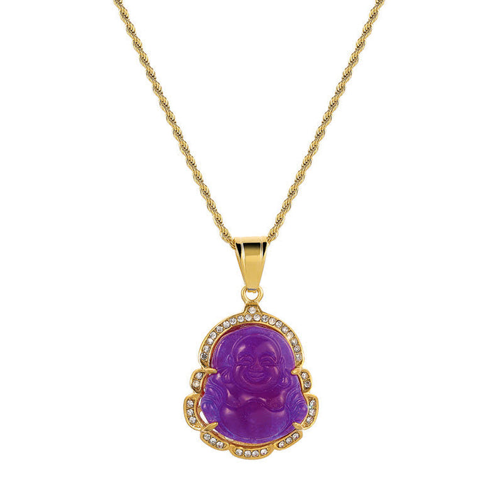 Collana con ciondolo a forma di Buddha in giada con Buddha che ride, riempita in oro 18 carati, Buddha Stones - Viola - image 18