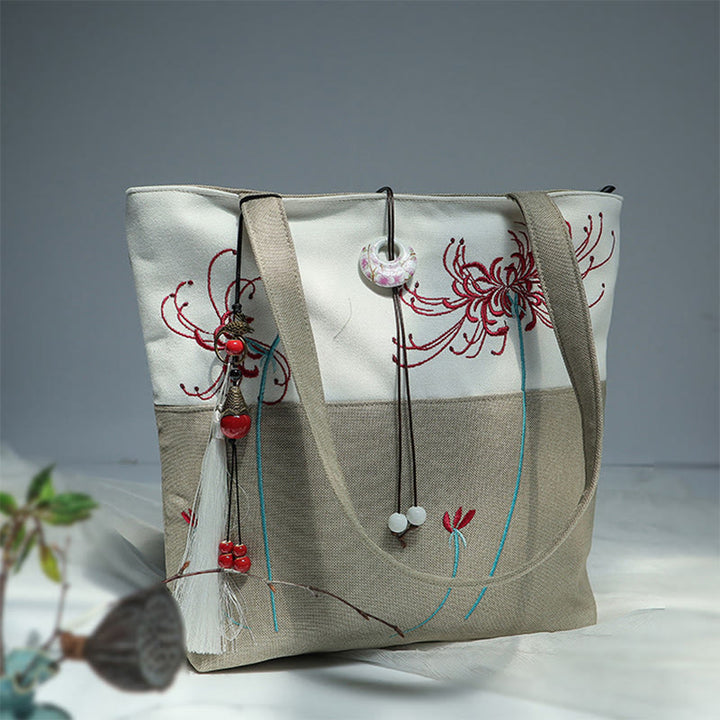 Borsa a tracolla grande capacità in tela con ricamo in bambù, prugna, fiore di pera, pesco
