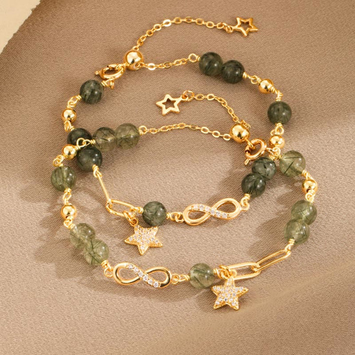 Bracciale Buddha Stones in oro 14K con quarzo rutilato verde e anello Möbius, protezione della stella dell'amore eterno