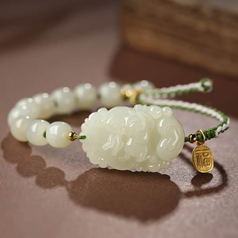 Braccialetto in argento sterling 925 con zodiaco cinese Hetian Jade Happiness Luck String
