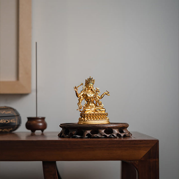 Statua in rame della compassione e serenità del Bodhisattva Manjusri a quattro braccia, statuetta in oro, decorazione per la casa
