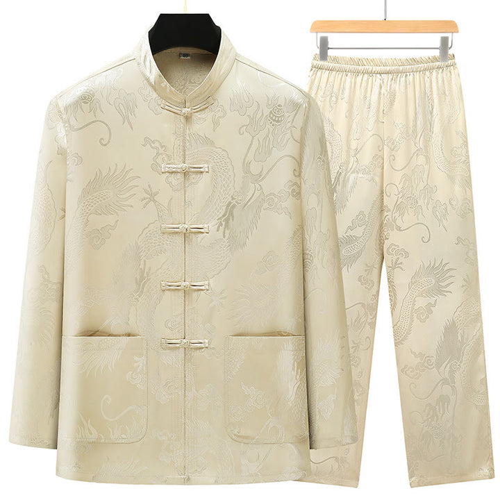 Buddha Stones Tang Suit Uomo Hanfu Cinese Drago Tradizionale Vestiti Kung Fu Camicia Uniforme Manica Lunga Cappotto Top e Pantaloni Abbigliamento Uomo Set - Beige - US/UK/AU42, EU52 (3XL) - image 17
