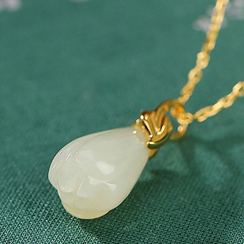 Collana con Buddha Stones in giada Hetian naturale, ciondolo con fiore di magnolia, ciondolo in argento sterling 925 placcato oro