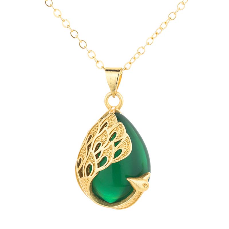 Collana pendente con ciondolo in cristallo rosa, calcedonio verde, pavone, rame, amore lenitivo
