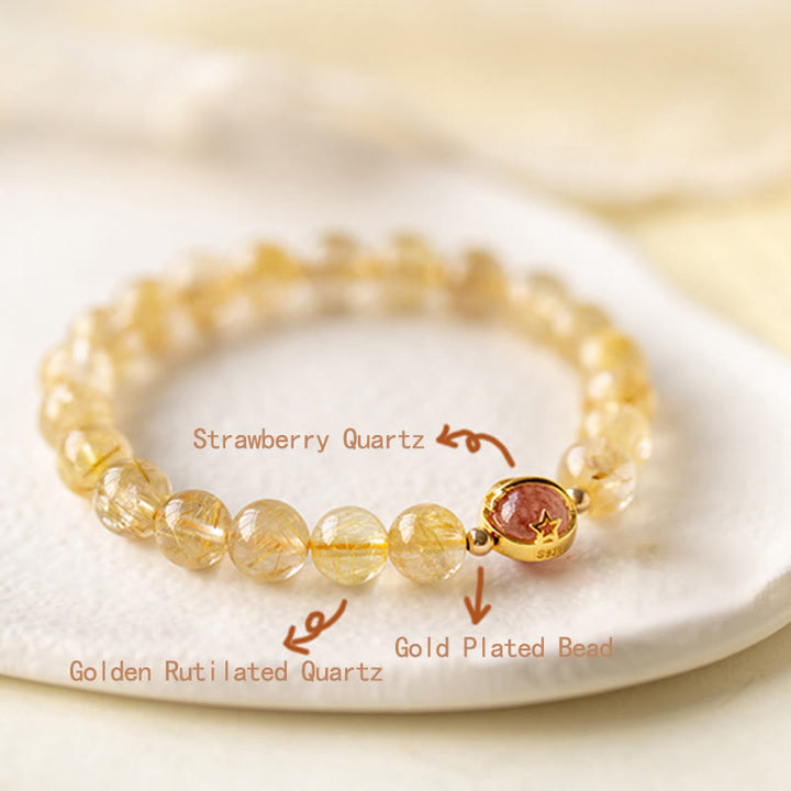 Braccialetto di protezione a forma di stella in quarzo rutilato dorato Buddha Stones Strawberry Quartz