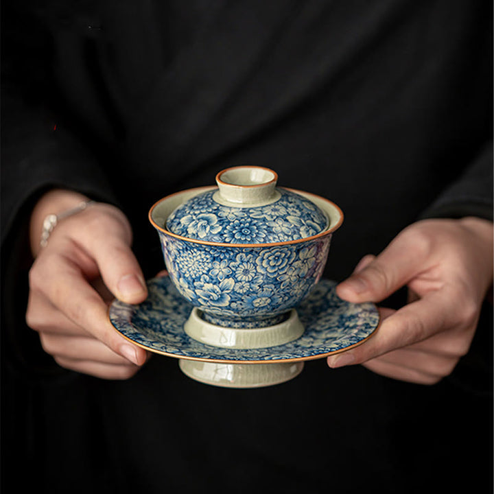 Buddha Stones Vintage Blu e Bianco Porcellana Fiore di Pesco Loto Peonia Ceramica Gaiwan Sancai Tazza da Tè Kung Fu Tazza da Tè e Piattino con Coperchio - image 7