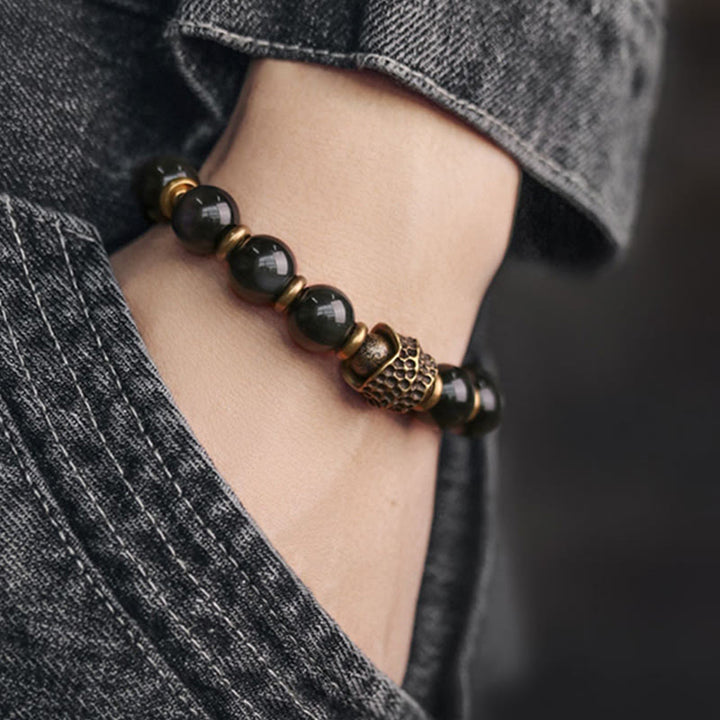 Braccialetto di guarigione dell'amore in rame e ossidiana arcobaleno Buddha Stones