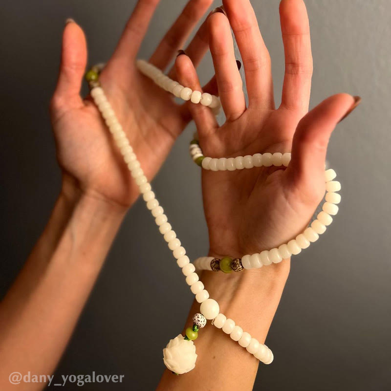 Collana con bracciale in giada bianca Bodhi Lotus Mala Harmony Buddha Stones