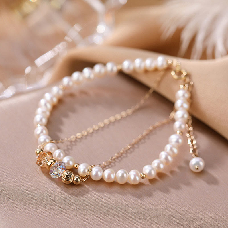 Bracciale Buddha Stones in argento sterling 925 placcato oro 14k con perle naturali e cristalli curativi a doppio strato - Perla (Guarigione♥Saggezza) - image 0